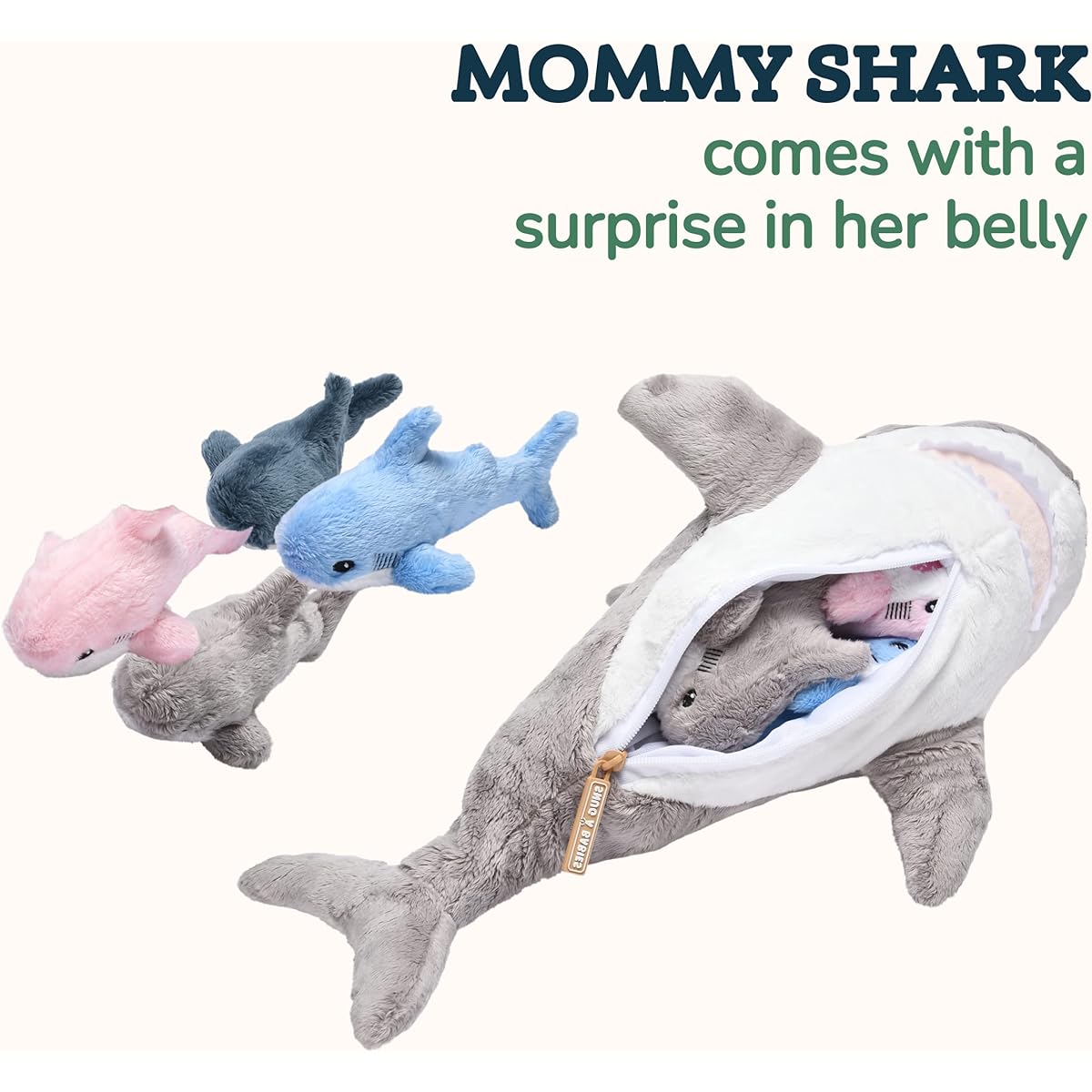 Snug A Babies Shark Plush Stuffed Animal with 4 Babies - Sea Animals Huggable Plushies - Cute Decorative Shark Pillow - Soft and Fluffy Material - Stuffable Plushie Gift Toy for Sea Creature Lover