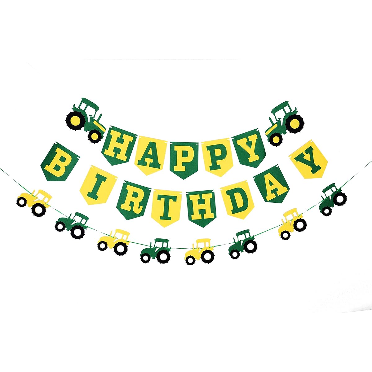Farm Tractor Theme Party Decorations - 1 Happy Birthday Banner, 1 Tractor Garland, 4 Green and Yellow Mylar Balloons, 16 Latex Balloons - Assembly Supplies and Gifts for Girls/Boys/Kids
