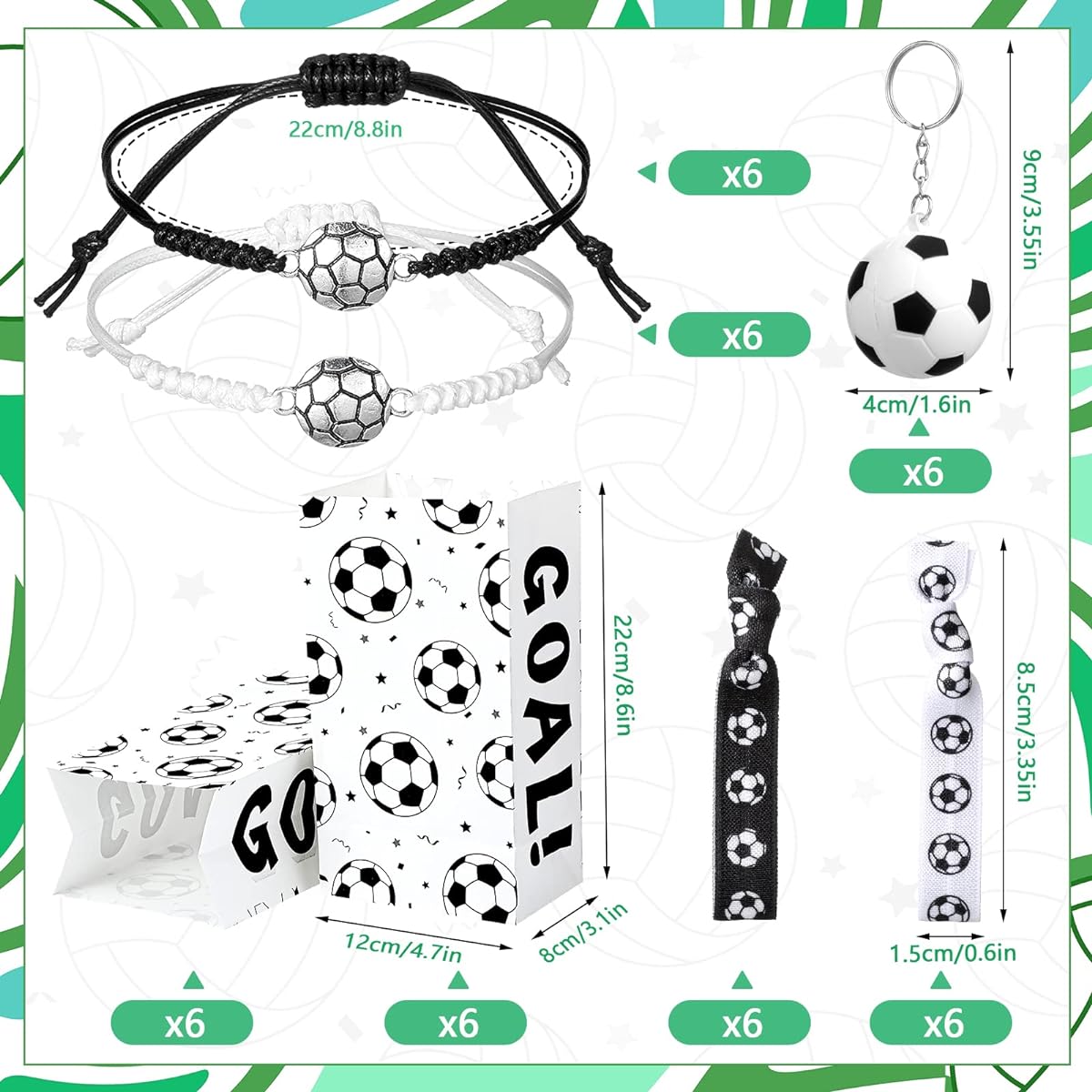 48pcs Soccer Party Favors Supplies Set, 12pcs Soccer Hair Scrunchies, 12pcs Soccer Key Chains, 12pcs Football Bracelets, Soccer Party Favor Bags for Kids Birthday Football Party Sports Game Party