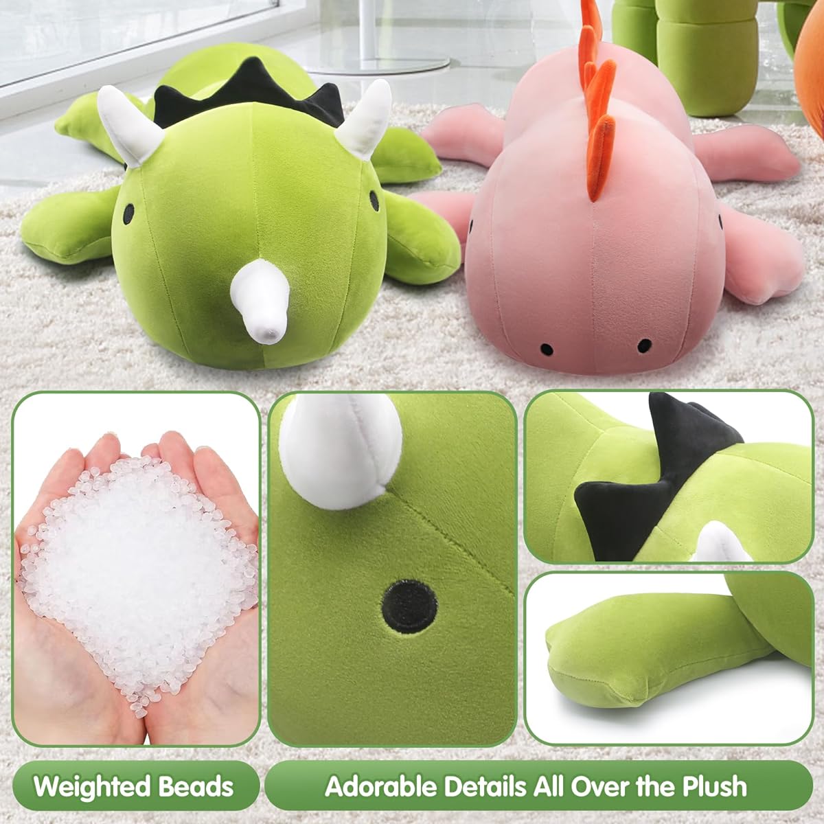 NUQUNDOY Weighted Dinosaur Plush Toy, Green Dinosaur Weighted Pillow, Dinosaur Stuffed Animal, 15.7 Inch Cute Throw Dinosaur Pillow, Super Soft, Great Gift for Kids/Adults/Mom/Wife, 1.7 Lbs