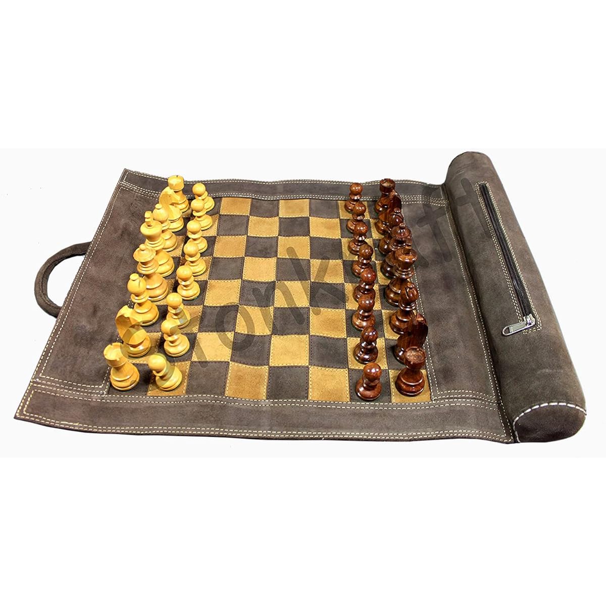 StonKraft 19"x 15" (Chessboard Size 12"x 12") Genuine Roll-Up Leather Chess Set with Wooden Chess Pieces - Brown Grey | Innovative Carry Pouch Now Available Grey