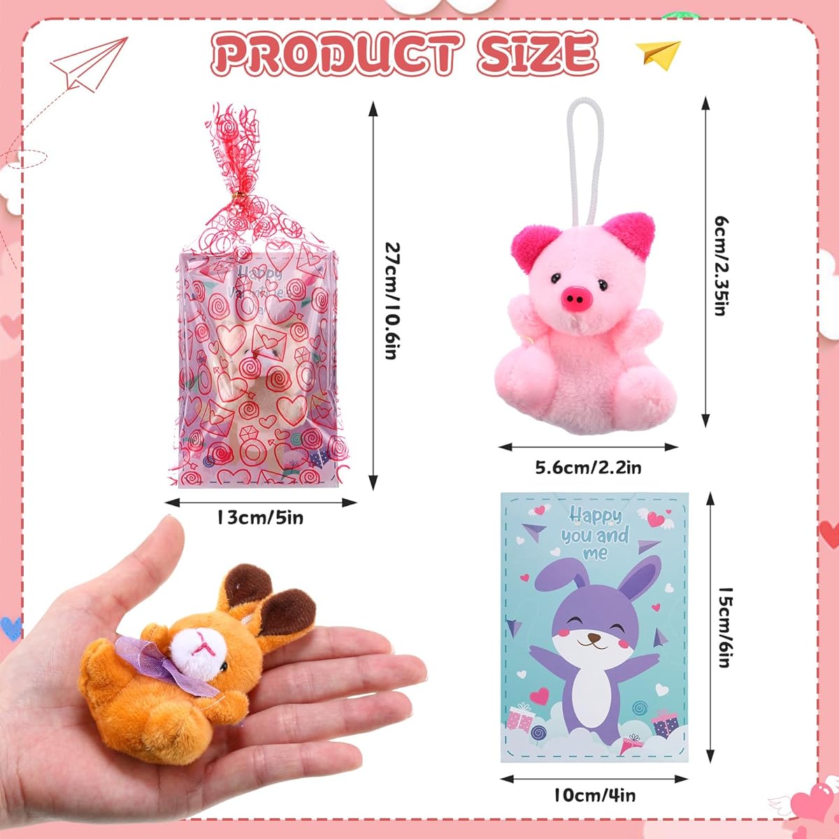Syhood 48 Pieces Mini Valentine's Day Stuffed Animal Toy Set Kids Gift Small Animal Keychain Cute Card Cellophane Bag Valentine Party Favors Supplies School Class Favors Boys Girls Exchange