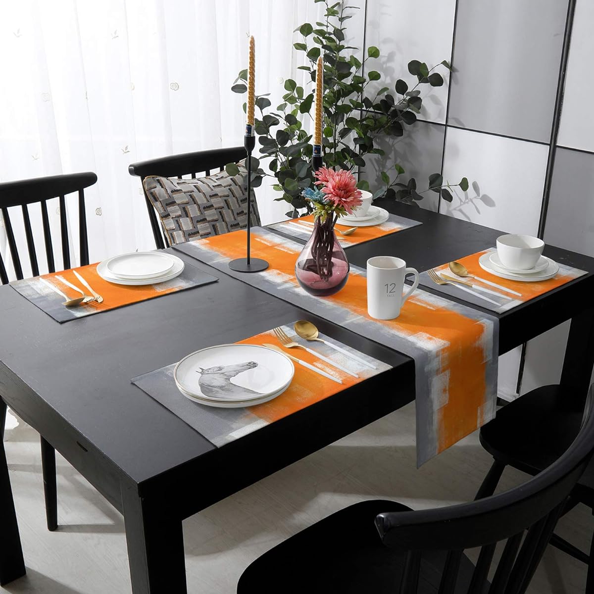 6 Table Runners with Placemats Orange and Gray Abstract Art Texture Cotton Linen Dining Mat Set Heat Resistant Washable for Dining Table/Kitchen/Living Room/Office/Picnic 13 x 90 Inches