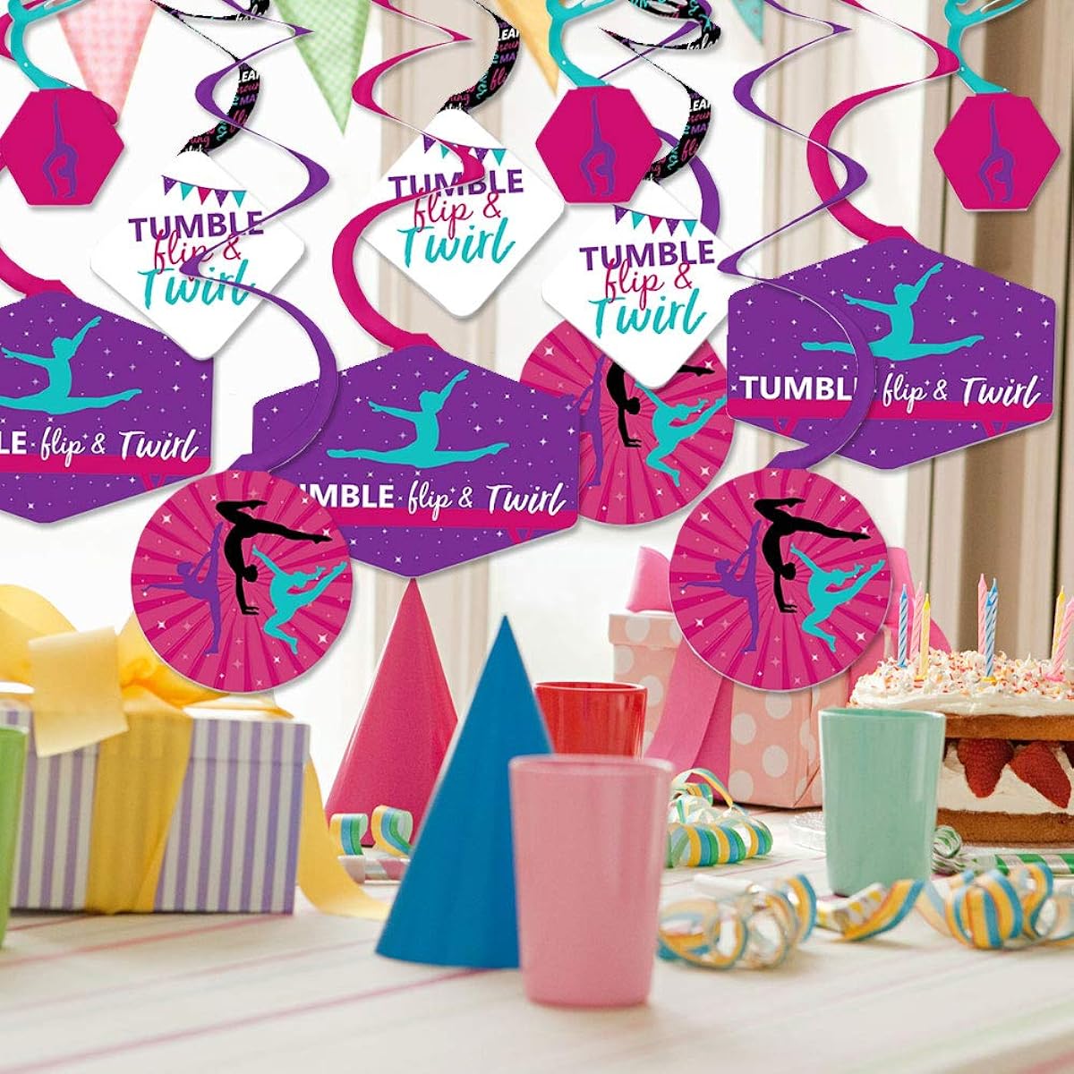 Big Dot of Happiness Tumble Flip & Crew Gymnastics Birthday Party or Gymnastics Party Hanging Decorations Party Decorations Swirls Set of 40