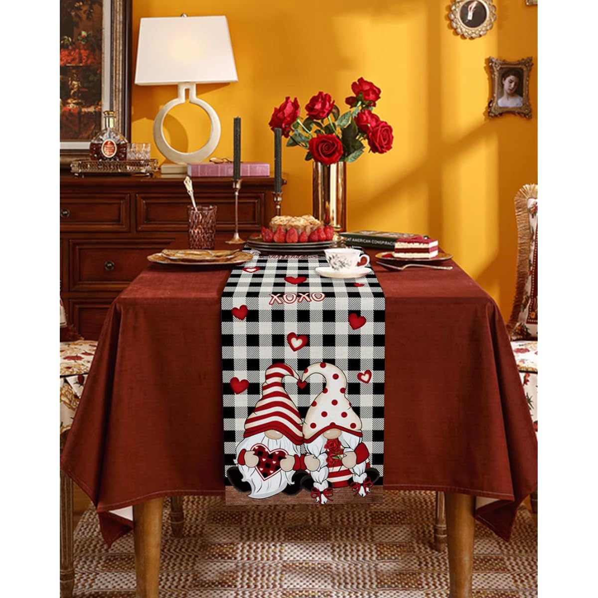 Couple Gnome Rose Table Runner 16x72 Inch Cotton Linen Tabletop Collection Non-Slip Table Runner for Seasonal Holiday Party and Dining Room Decor Love Heart Black White Plaid