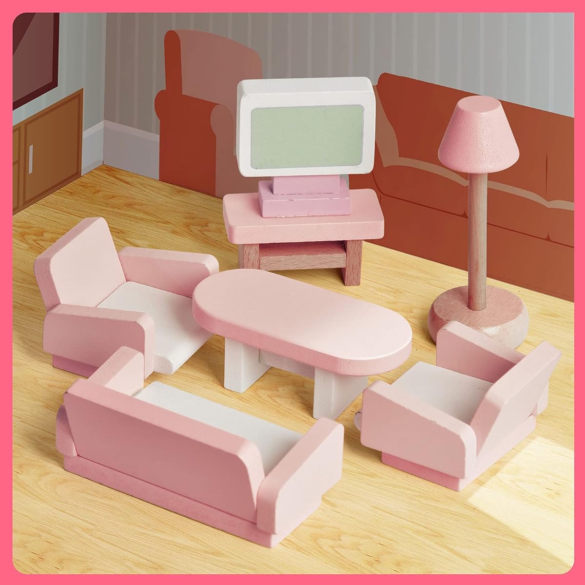 Fun Little Toys 4 Sets Wooden Dollhouse Furniture 22 Piece Dollhouse Accessories Pink Wooden Toys