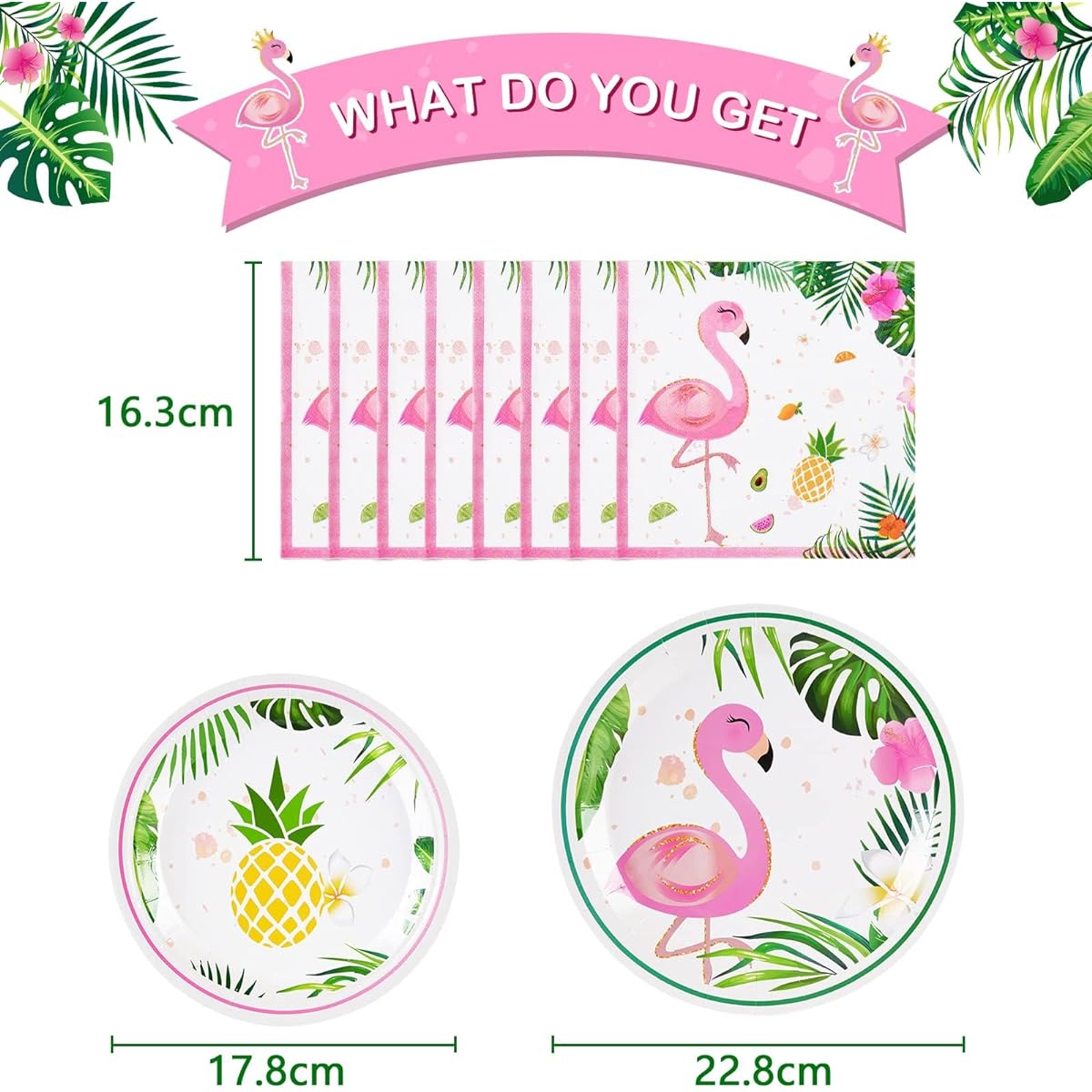 WERNNSAI Flamingo Party Supplies - Luau Disposable Summer Hawaiian Theme Tableware Set for Girls Kids Birthday Dinner Dessert Plates Napkins for 16 Guests 48 Pieces