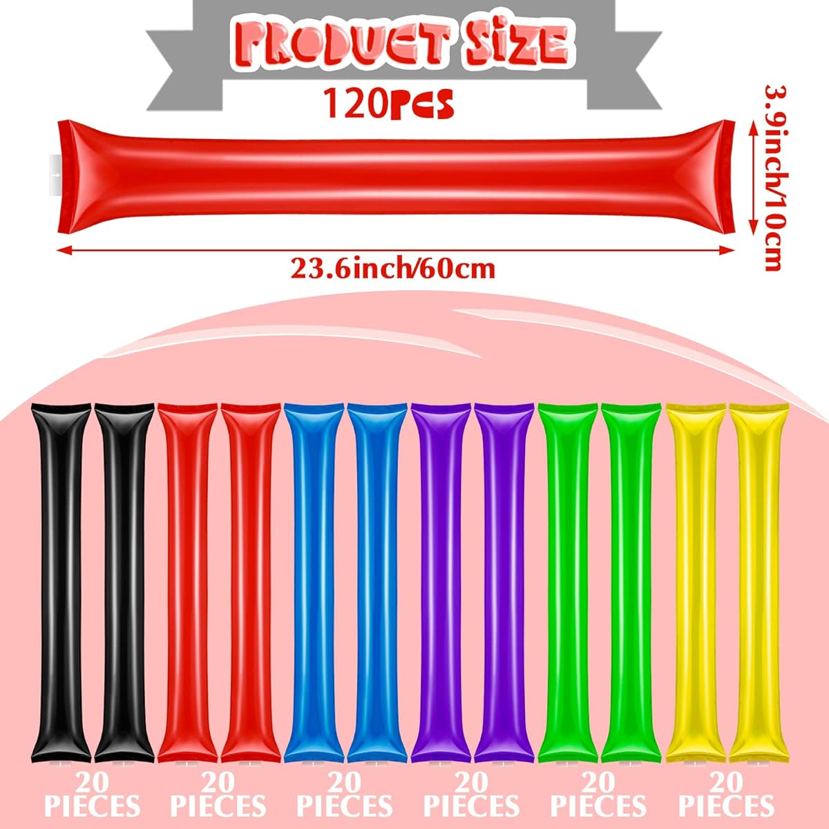Bam Bam Thunder Sticks Cheering Sticks 120 Pieces Inflatable Football Game Noise Maker for Sporting Events Cheerleading Boom Spirit Sticks Bulk Cheer Supplies for Basketball Teams 6 Colors