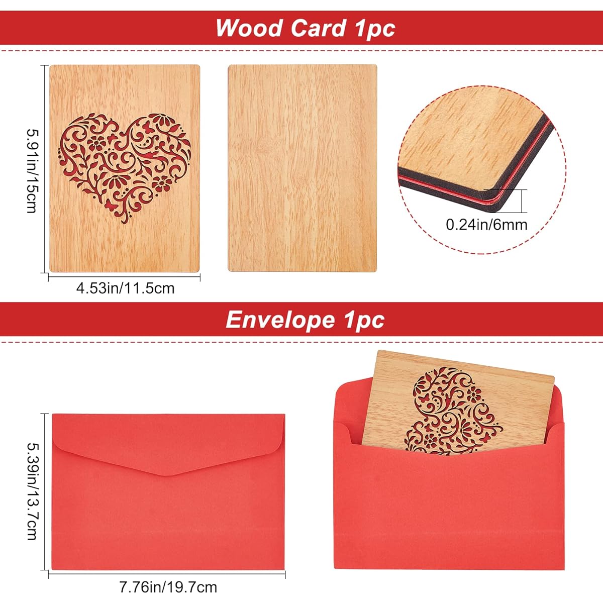CRASPIRE Heart Wood Card, Wooden Wedding Anniversary Card, Hollow Heart Design, Handmade Wooden Greeting Card Gift for Wedding Anniversary Mother's Day Valentine's Day Birthday