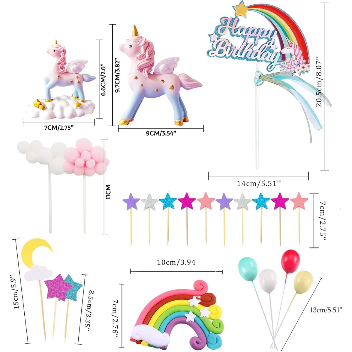 MOVINPE Unicorn Cake Topper, 2 Magic Unicorn Sculptures, 1 Rainbow, 1 Happy Birthday Banner, 2 Clouds, 4 Balloons, 12 Stars, 1 Moon, Cake Decoration for Girls Kids Women Birthday Party