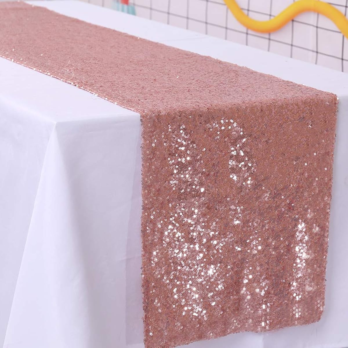TRLYC 12x108 Inch Rectangle Rose Gold Sequin Table Runner for Weddings, Parties, Decorations (6 Pack)
