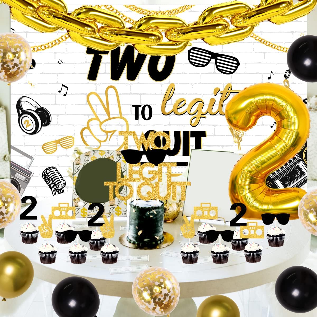 2 Legit to Quit Birthday Party Decorations for Boy/Girl 2 Legit 2 Quit Birthday Backdrop 2 Legit to Quit Cake Cupcake Toppers Gold Chain Number 2 Foil Balloon Hip Hop Theme Birthday Supplies