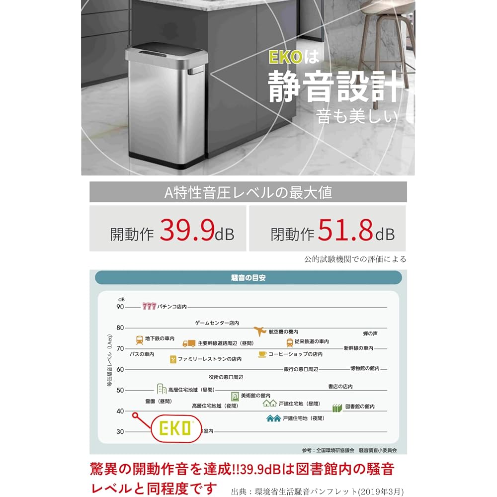EK9262MT-45L Trash Can Automatically Open/Close Horizon Sensor Bin Silver 45L with Lid No Inner Box