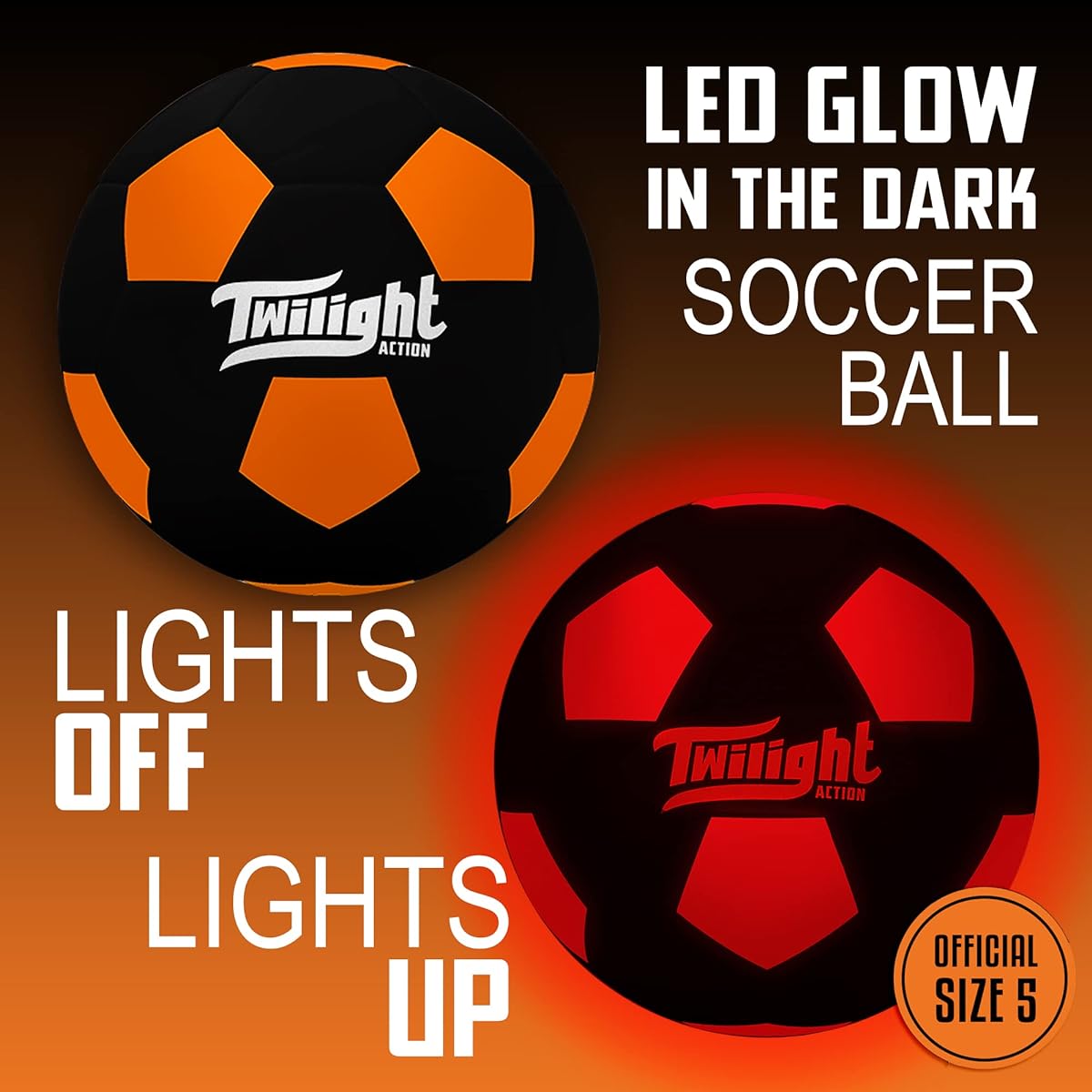 TWILIGHT ACTION Glow in the Dark Soccer Ball Size 5 - Nighttime Play for Kids, Teens and Adults - BPA Free, Complete Kit with Box - Includes Light Up Ball, Pump, Batteries and Replacement Tool