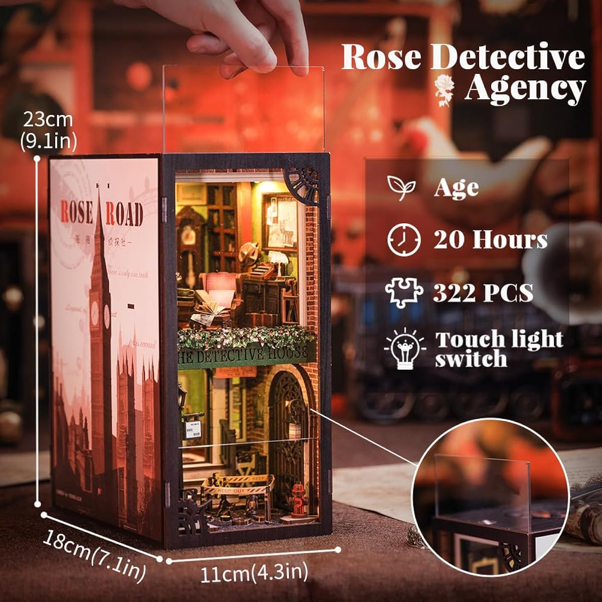 Cutefun DIY Book Nook Kit Birthday Gifts for Adults Teens Family DIY Miniature House Book Nook Kit Bookshelf Decor 3D Wooden Puzzle for Adults Tiny Home Model with LED Light (Rose Detective Agency)