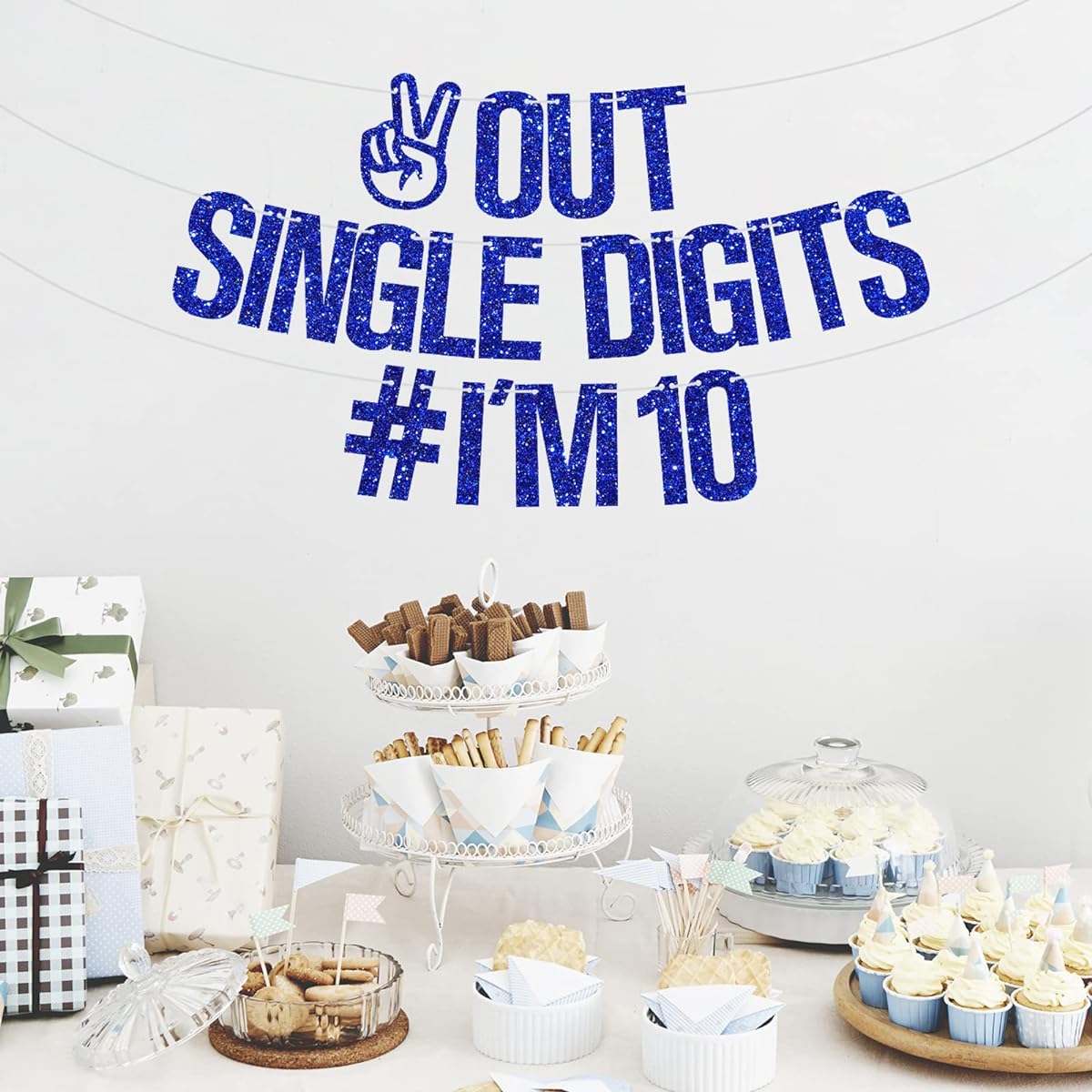 Out Single Digits I'm 10 Banner, Double Digit 10th Birthday Decorations for Boys, 10th Birthday Party Decorations Supplies, Blue Glitter
