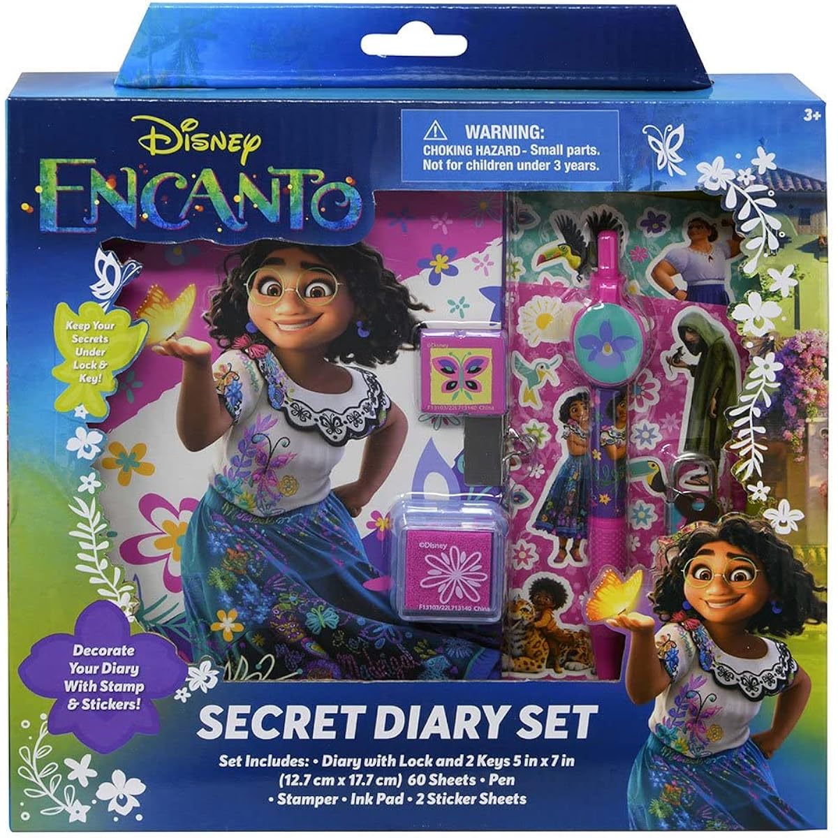 BUDDY N BUDDIES Encanto Secret Diary 60-Piece Box Set with Diary Lock, 2 Keys, Encanto Themed Pen, Stamp, Ink Pad and 2 Sticker Sheets for Ages 3 and Up
