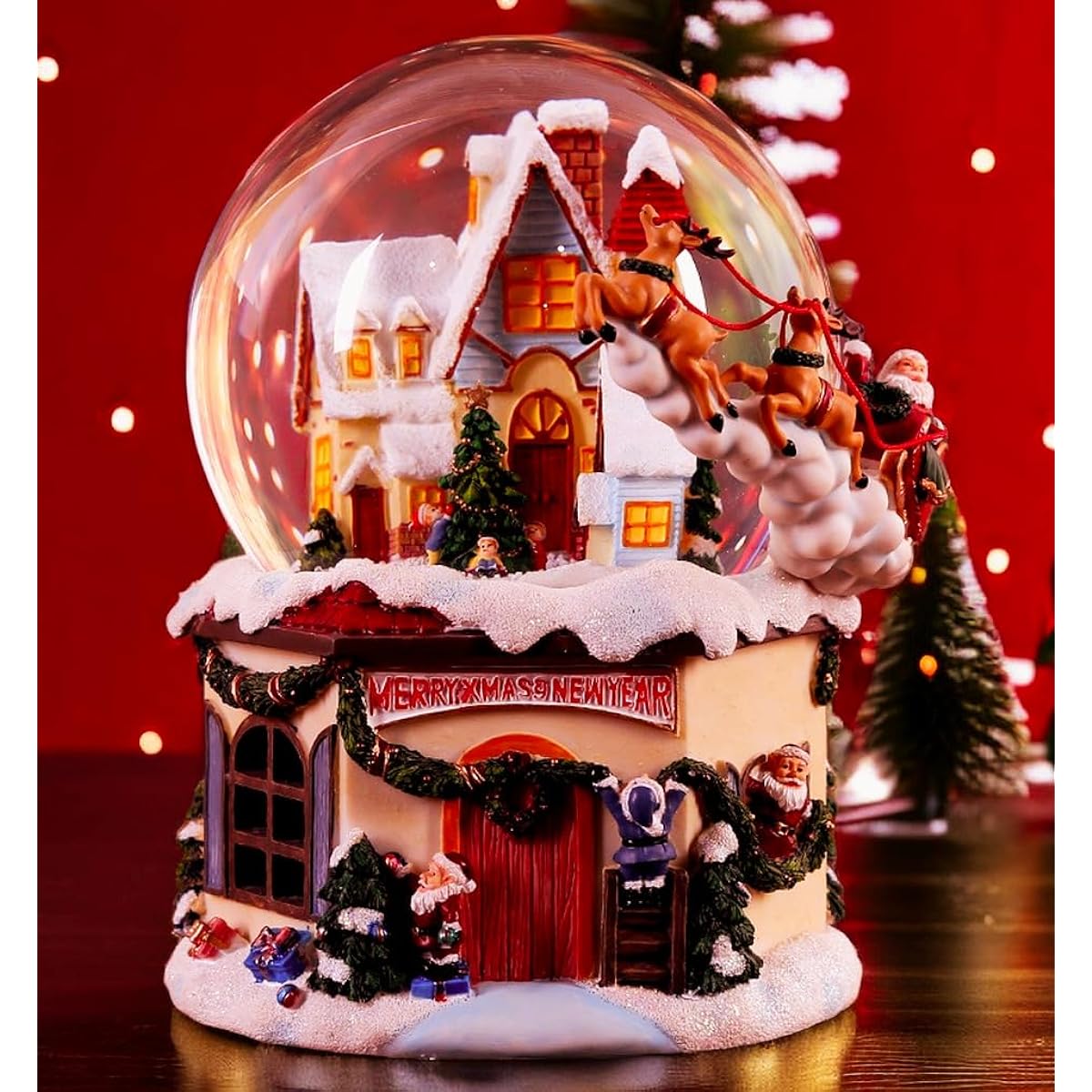 Snow Globe Christmas Crystal Ball Music Box Crystal Ball Toy Automatically Falling Snow Healing Goods Home Decor Crystal Ball Music Box Great Birthday Gift Christmas Gift Battery Powered (Flying Deer + Self-Spraying Snow Lantern + 32 Music Songs)