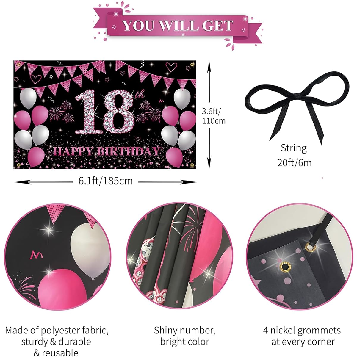 HTDZZI 18th Birthday Decoration Happy 18th Birthday Background Banner for Girls Hot Pink 18th Birthday Party Yard Sign Photo Booth Props Backdrop Decoration Fabric