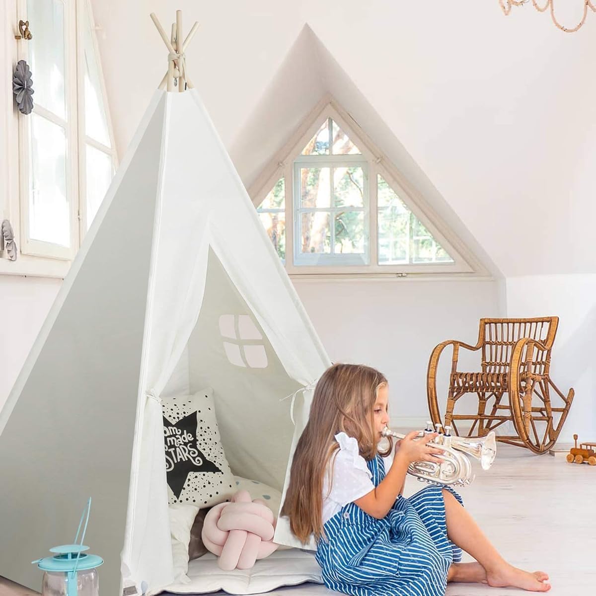 UKadou Kids Teepee Tent for Kids, White Teepee Tent for Girls and Boys, Canvas Fabric Indoor Tent with Stabilizers, Kids Play Teepee for Indoor & Outdoor Use