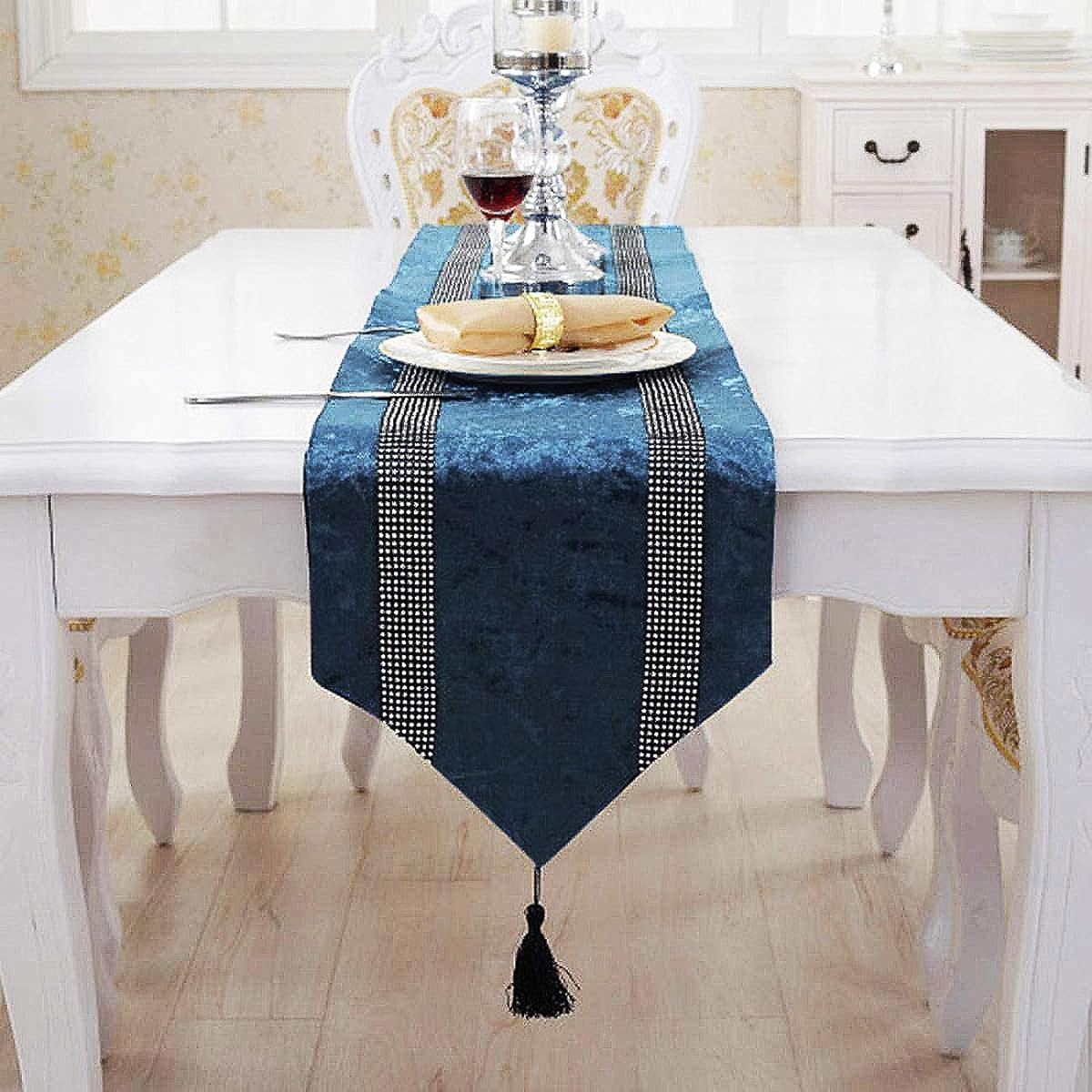 Jiino Light Blue Runner Dining Table Dresser Runner Diamante Strip and Tassel Runner 13 x 72 Inch for Home Kitchen Party Wedding Decoration