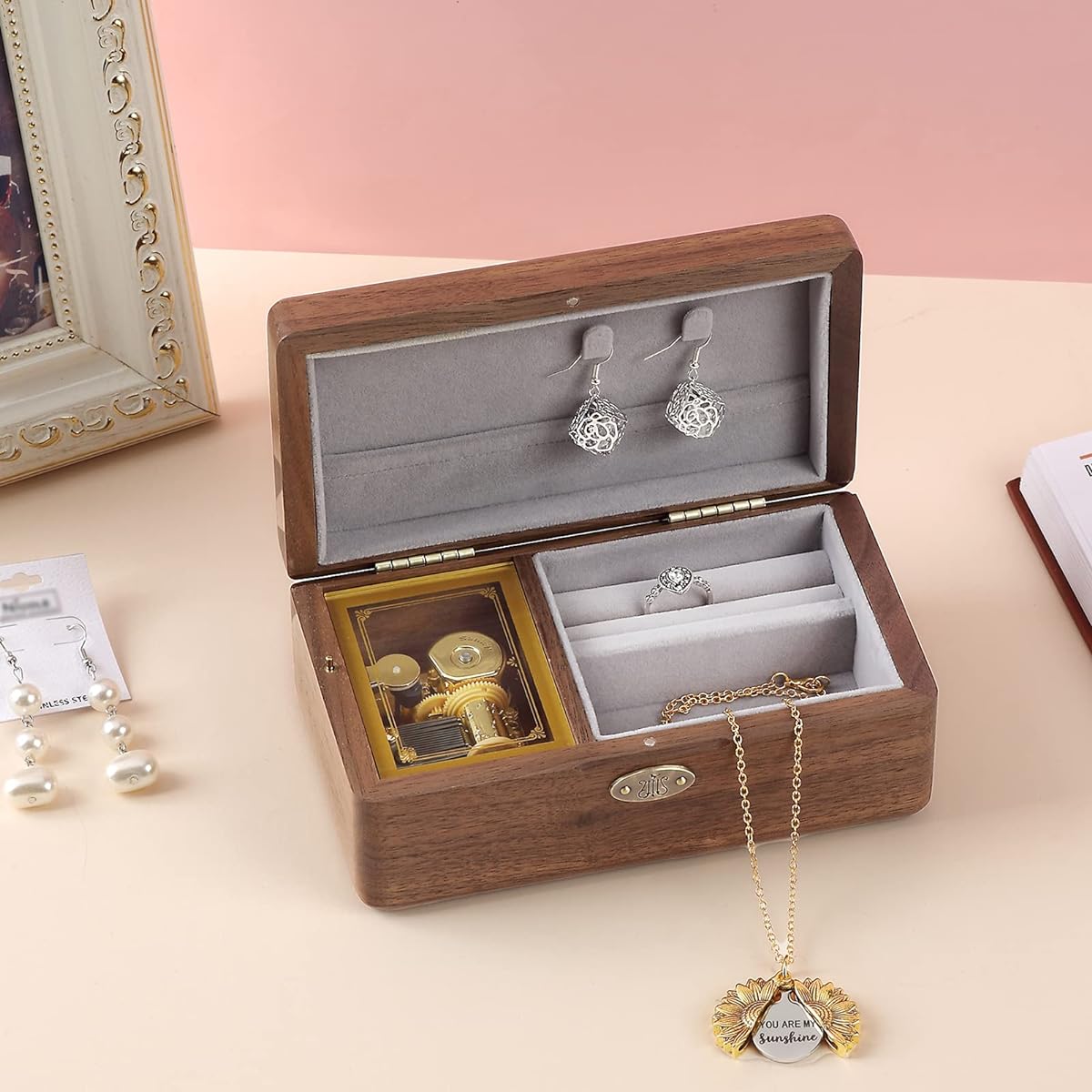 SOFTALK Vintage Jewelry Box Wind Up Music Box Case for Christmas, Birthday, Valentine's Day Gift (Walnut Wood, Song: You are My Sunshine)