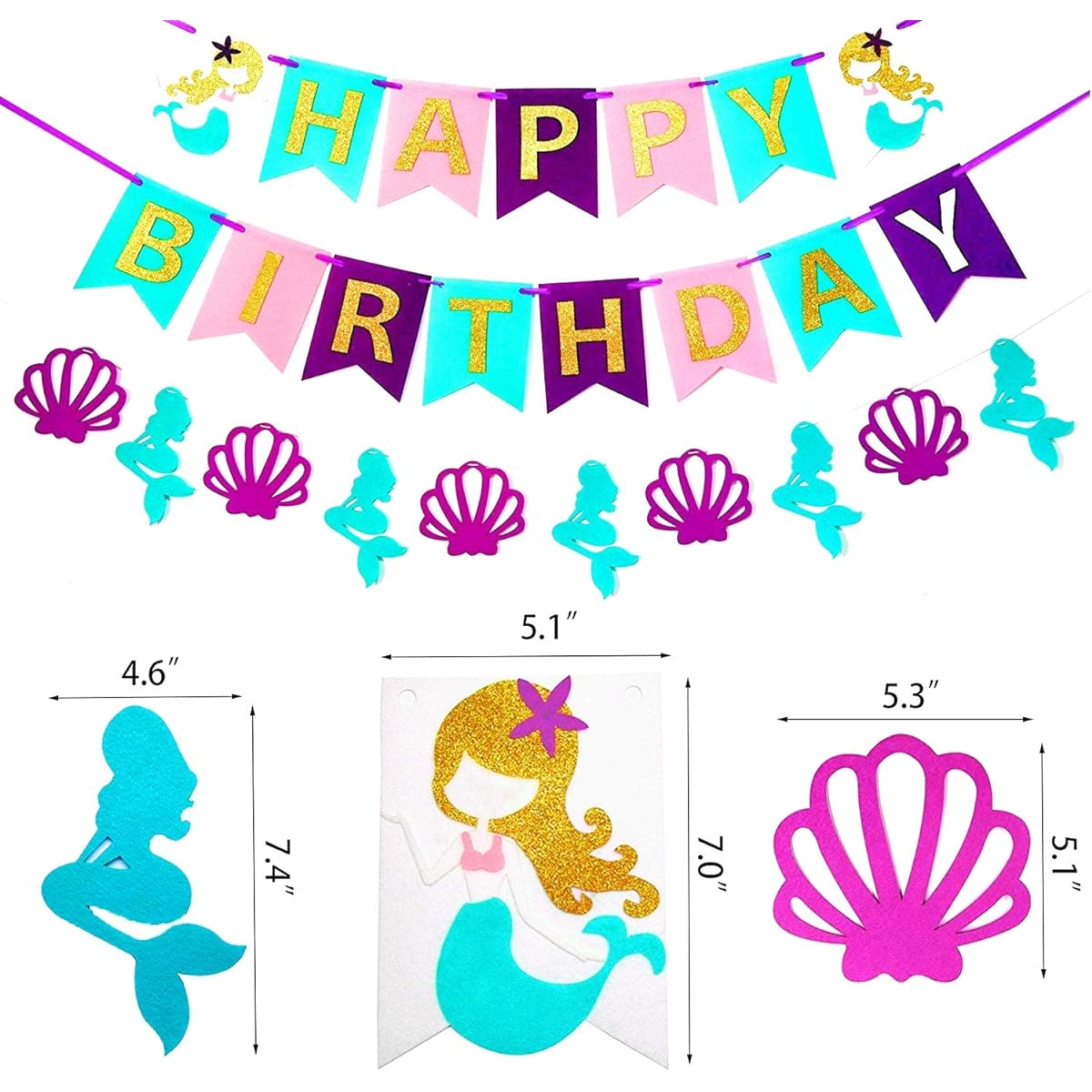 Mermaid Party Supplies Birthday Decorations PRE-Strung, Happy Birthday Banners, Hanging Swirl,Pom Pom Flowers, Balloons for Girl's Birthday Party,Baby Shower Party Decorations