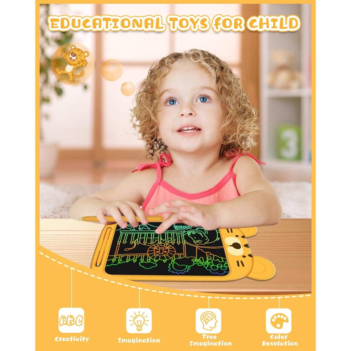 LOCVMIKY Toddler Toys 3 4 5 6 Years Old Boys Girls Gift LCD Writing Tablet 10 Inch Kids Toys Doodle Board Tiger Toy Drawing Pad 3 4 5 6 Years Old Boys Girls Birthday (Yellow)