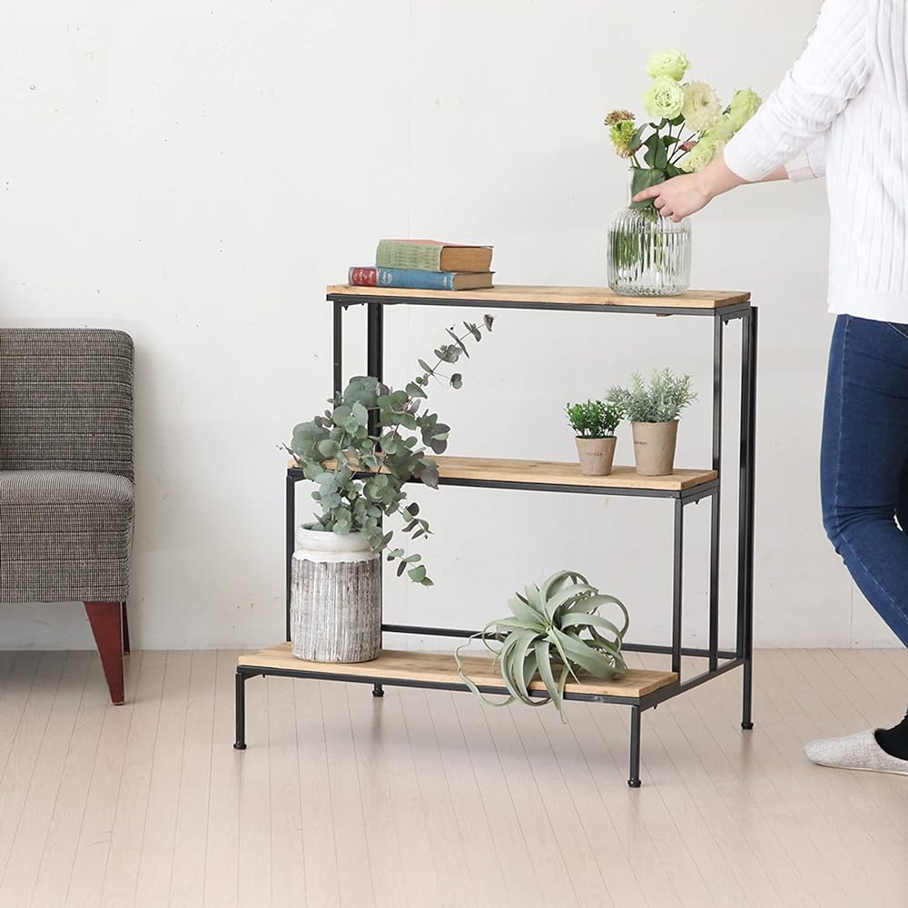 SPICE OF LIFE Flower stand, flower pot stand, recycled wood flower stand, 3 tiers, assembly type, width 75cm, depth 60cm, height 80cm, wooden shelf, iron, natural x black TJXT1033