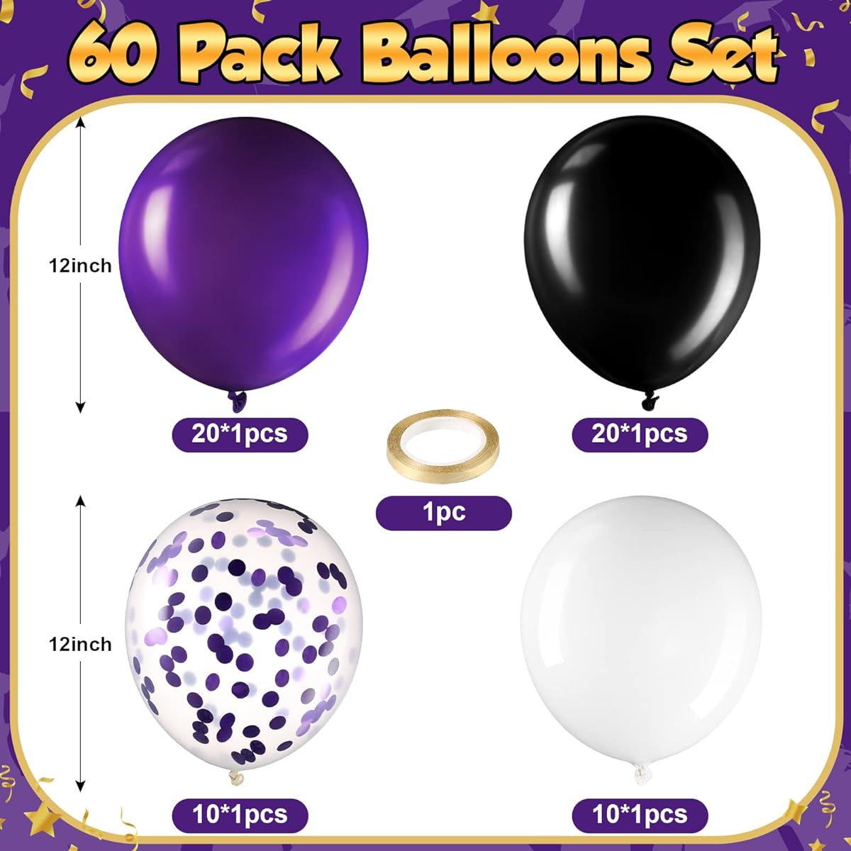 60pcs Graduation Party Favors Decoration Balloons, 12" 2023 Graduation Confetti Balloons Metallic Balloons for Birthday Wedding Baby Shower (Black, Purple, White)