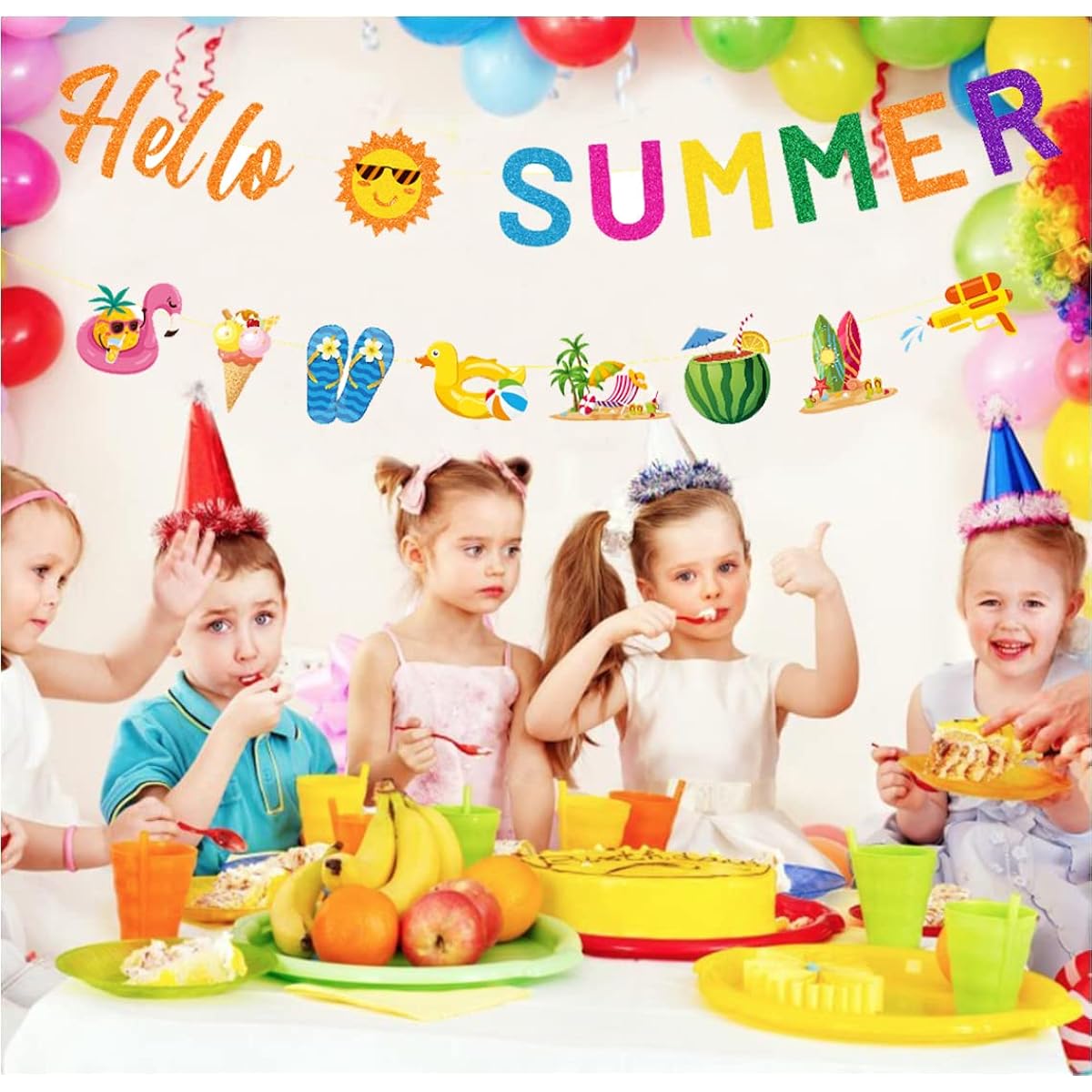 Summer Party Decorations - Glitter Hello Summer Banner Decorations Pool Party Decorations Summer Holiday Birthday Banner Summer Beach Party Supplies Summer Beach Decor for Home Office Kids School Classroom