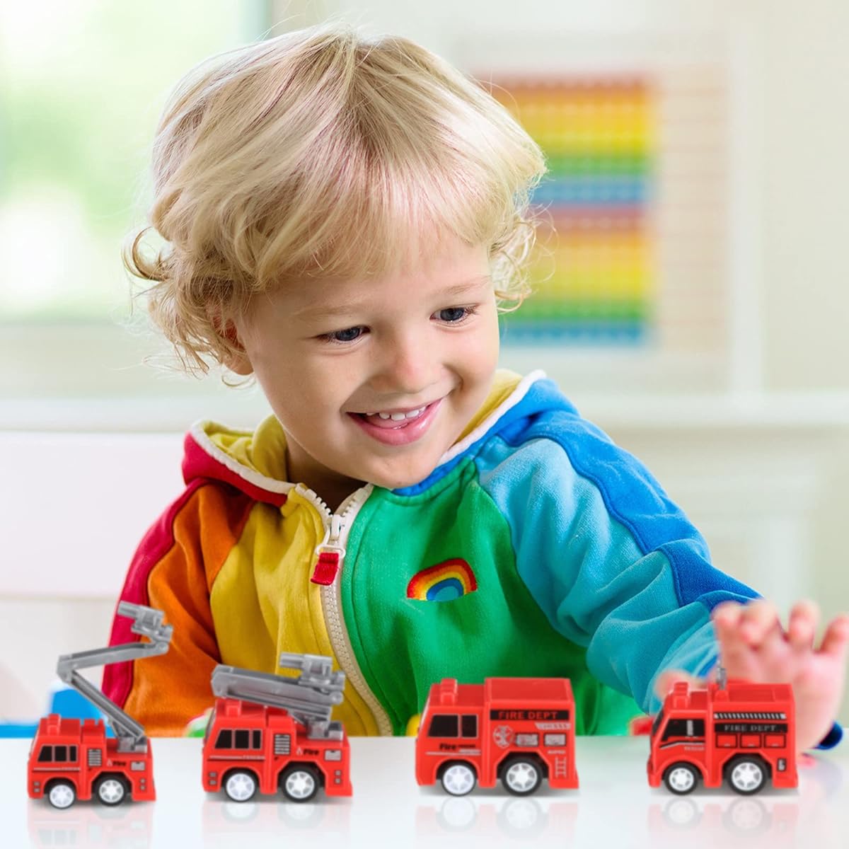 Mini Pull Back Fire Truck Toys - 48 Pieces Small Pull Back Fire Engine Plastic Fire Truck Toy Truck Firefighter Birthday Party Supplies Firefighter Favors Goodie Bag Fillers - 4 Styles