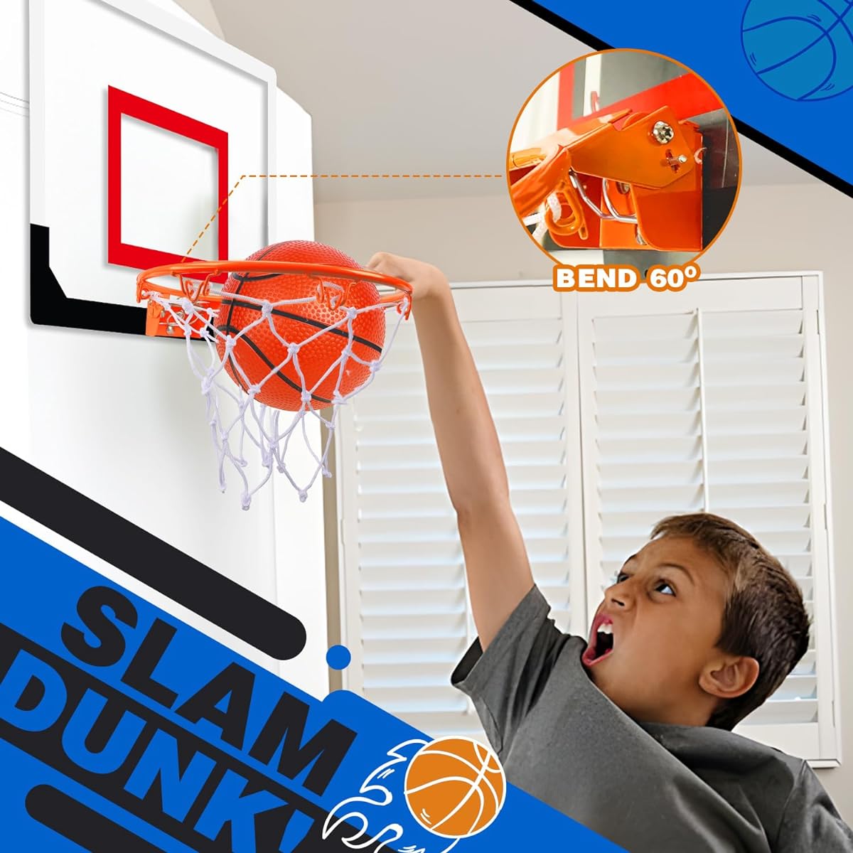 TOY Life Mini Basketball Hoop, Indoor Basketball Hoop, Through the Door Basketball Hoop, Mini Hoop Backboard for Teens and Adults, Door Room, Office, Indoor Basketball Goal with 4 Balls