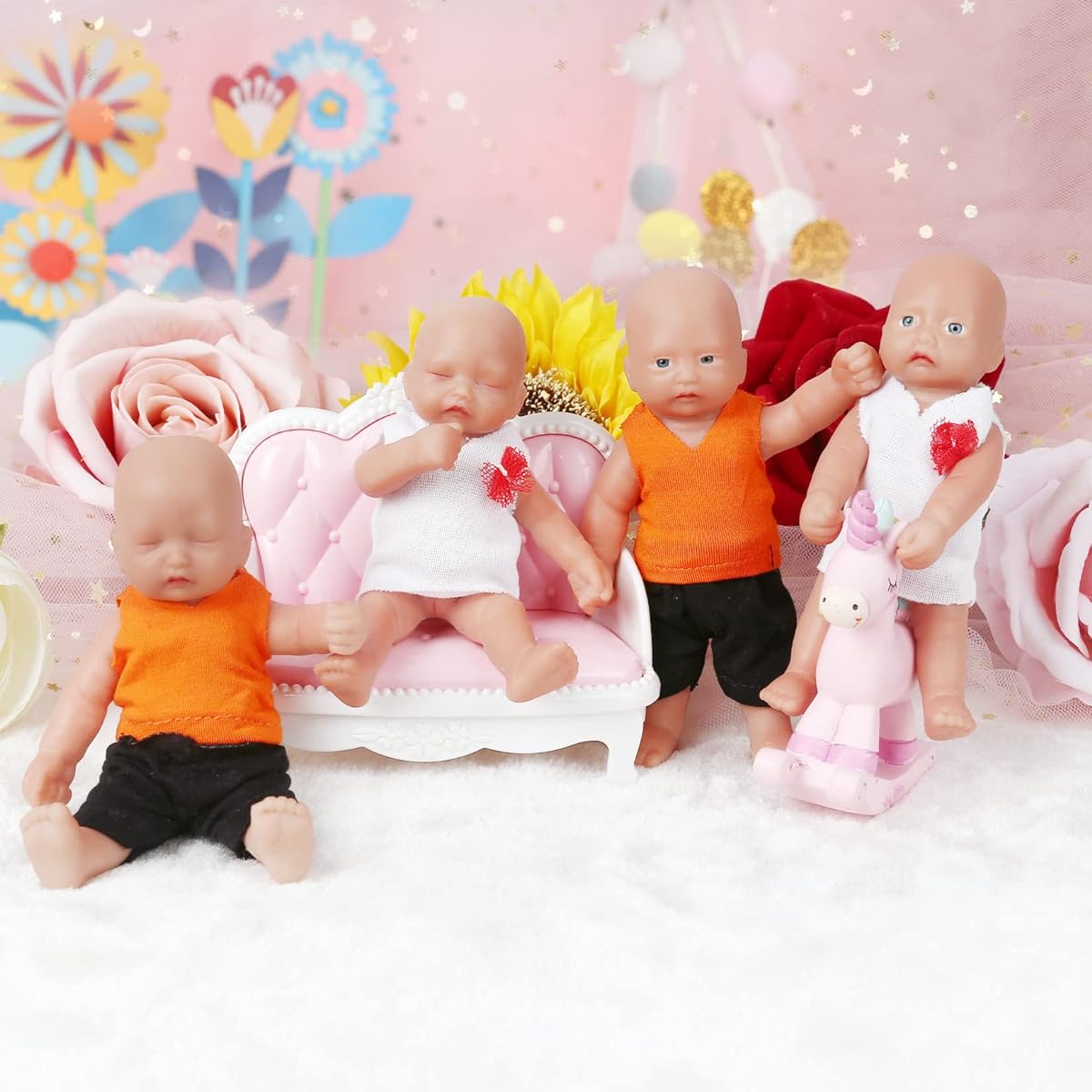 Vollence 4.5" Eyes Open Full Silicone Mini Baby Doll with Hair Realistic Baby Doll Skeleton Lifelike Baby Doll - Girl