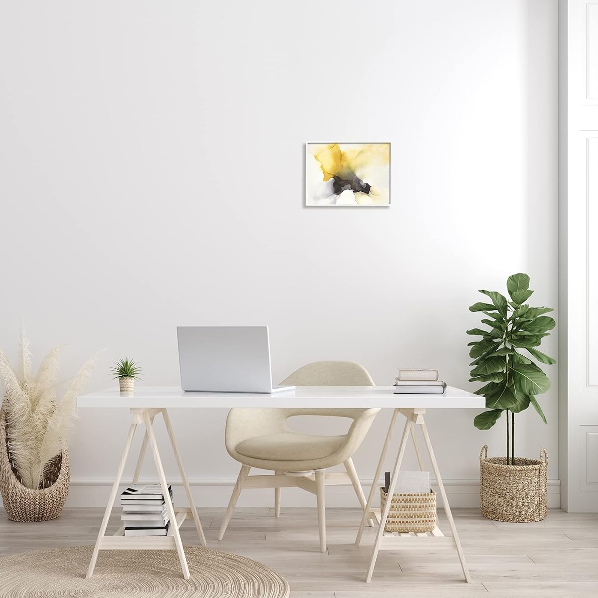 Stupell Industries Futuristic Yellow Cloud Abstract Painting Fluid Shape Distortion Designed by Kippi Leonard White Framed Wall Art