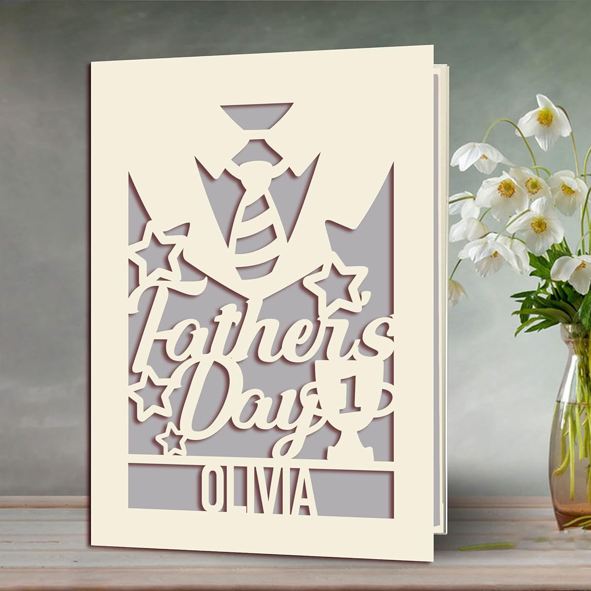EDSG Personalized Father's Day Cards, Gifts from Daughter/Son to Dad, Greeting Cards, Custom Cards, Personalized Gifts, 6 Colors, Laser Paper Cut Cards with Envelopes for Men, Dad, Father (Grey)