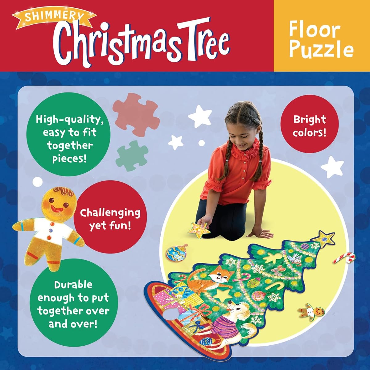 Peaceable Kingdom Sparkling Christmas Tree Floor Puzzle - Giant Floor Puzzle for Kids Ages 3 and Up - Fun Shaped Puzzle Pieces - Great for the Classroom