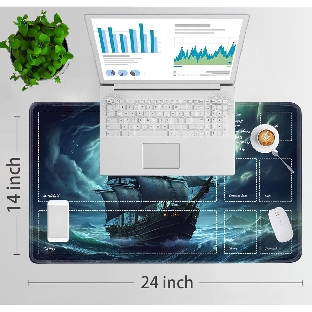 TCG Playmat, Magic the Gathering Ultra Pro Playmat with Zones, 24x14 Inch Non-Slip Rubber MTG Playmat with Drawstring Travel Pouch and 6 Dice, Pirate Ship MTG Mat, Card Game Playmat