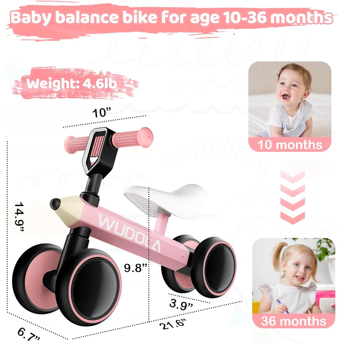 Wudola Baby Balance Bike for 1 Year Old, No Pedals, 4 Silenced Wheels & Soft Seat, Toddler First Bike for 10-36 Months, Birthday Gift for Boys and Girls, Pink