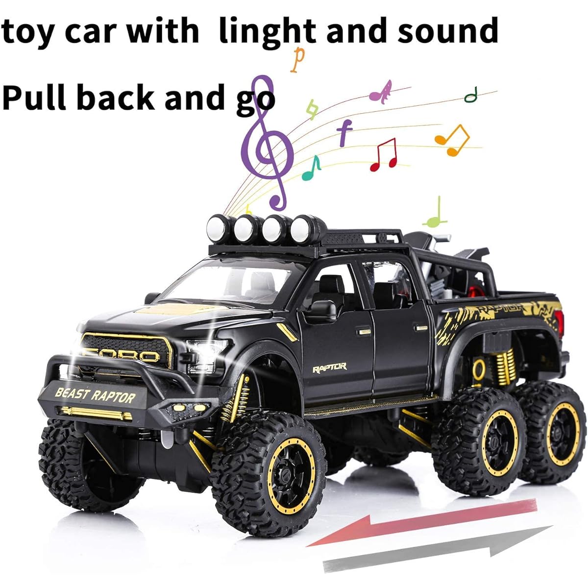 SASBSC Toy Pickup Truck for Boys F150 Raptor Diecast Metal Model Car with Sounds and Lights for Kids Ages 3+ Black