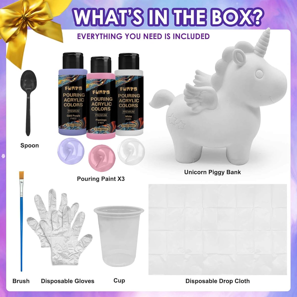 Funto Acrylic Polling Unicorn Piggy Bank - High Flow Paint Perfect DIY Arts & Crafts Kit Rainbow Unicorn Coin Bank Unbreakable Non-Toxic Great Gift for Kids Savings and Home Decoration