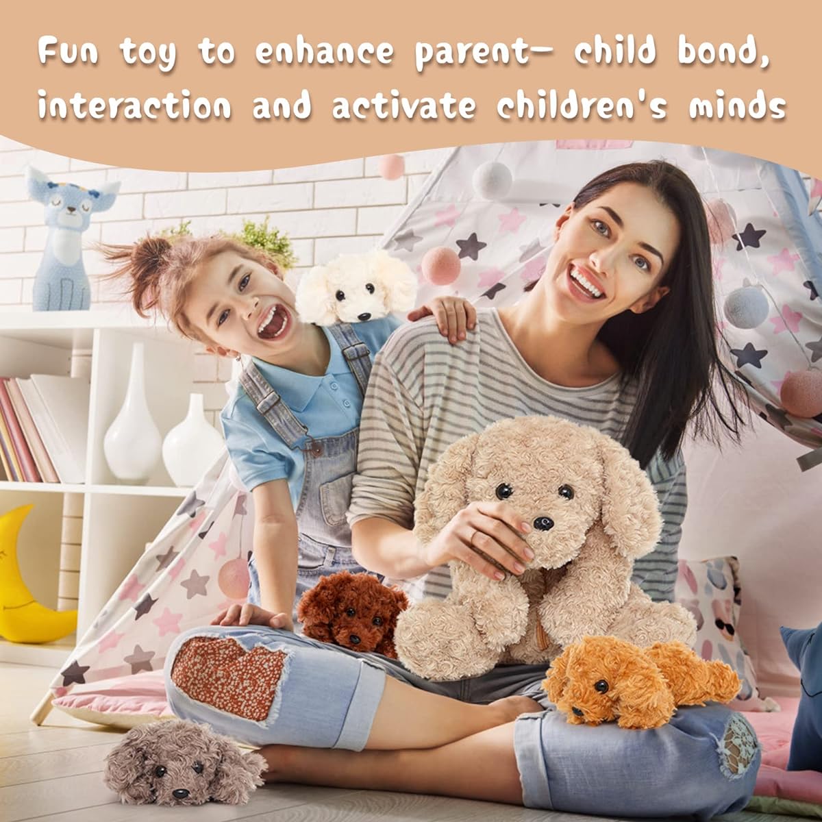 DOLDOA Stuffed Animal Dogs for Kids, Stuffed Animals Mommy Dog with 4 Baby Puppies in Her Belly, Stuffed Animals, Cute Dog Toys for Girls and Boys
