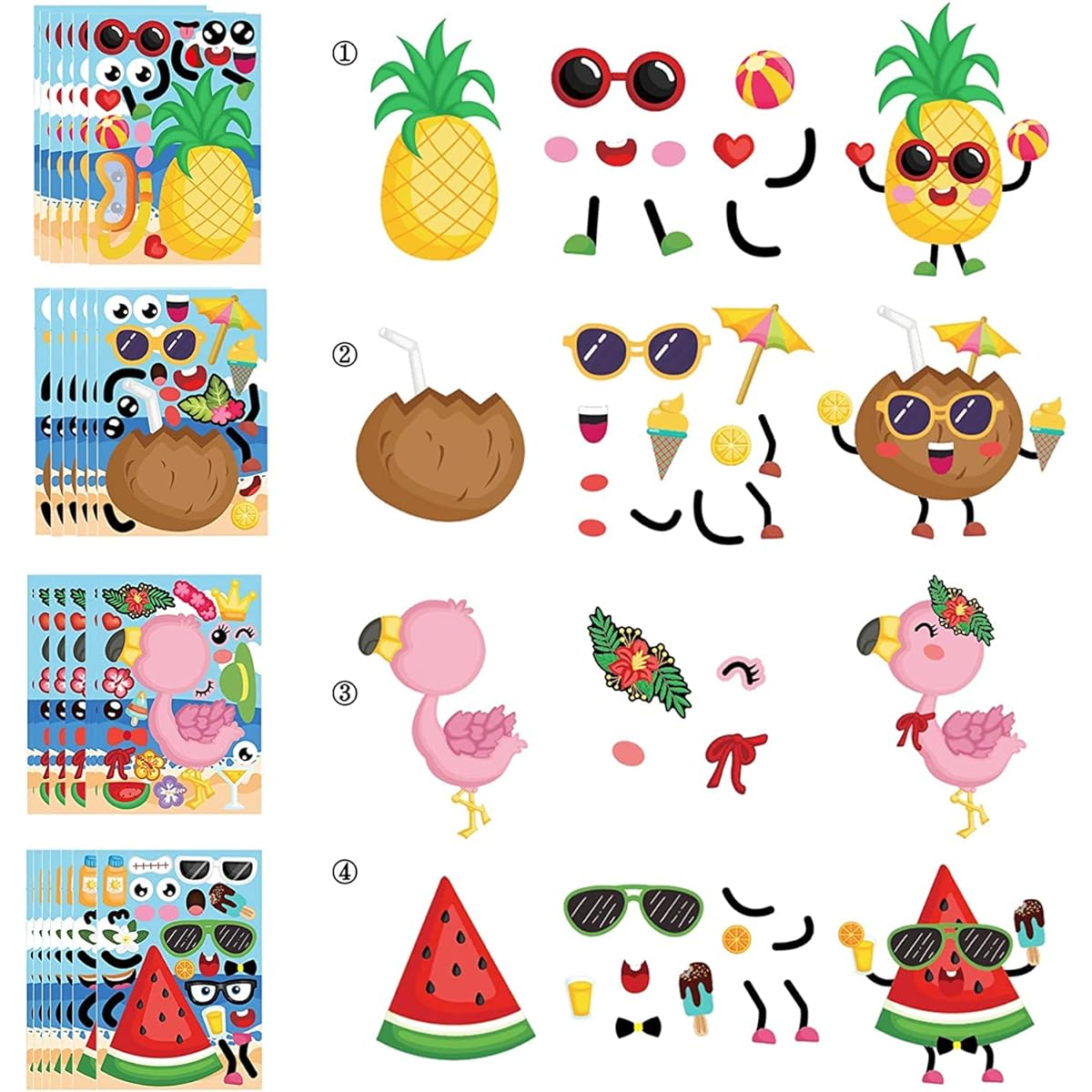 24 Piece Hawaiian Face Sticker Sheets, Make Your Own Pineapple Flamingo Stickers, DIY Tropical Luau Craft Projects for Kids Hawaiian Party Favors Summer Beach Mix & Match Stickers for Boys Girls