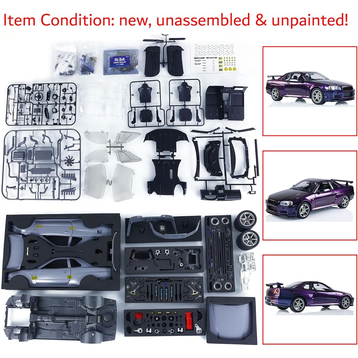 Capo 1/8 RC Racing Car Skylinee GTR R34 Remote Control Drift Vehicle Kit Model Assembled/Unpainted Purple