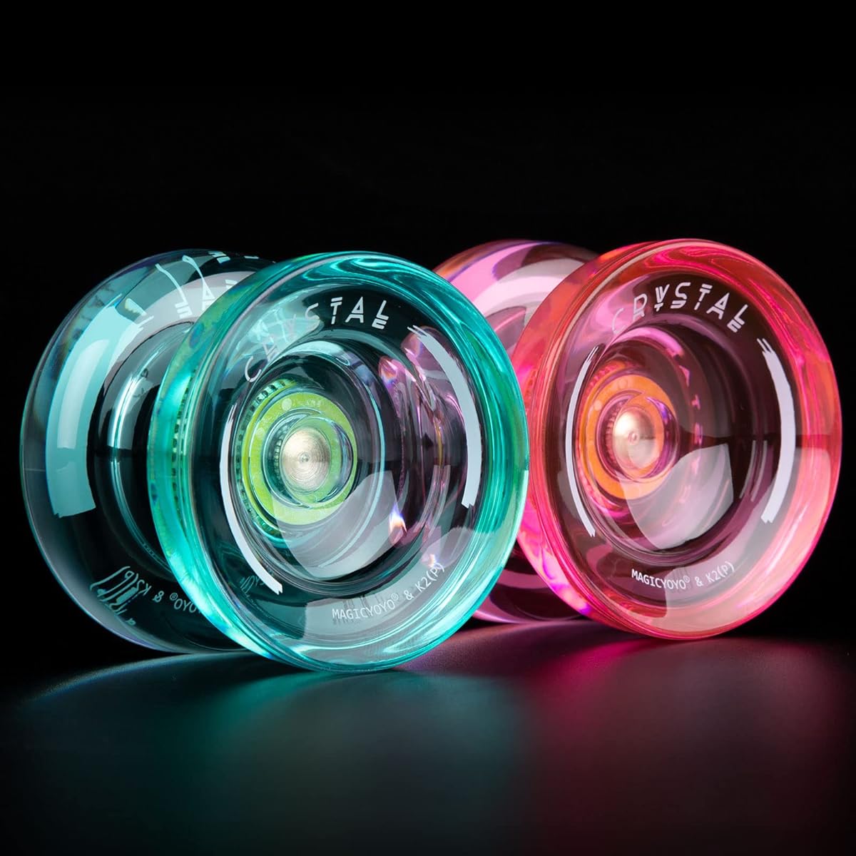 MAGICYOYO K2 Crystal Responsive Yoyo-Yos for Kids and Beginners, 2 Pack Dual Purpose Yoyo Replacement Non-Responsive Bearings for Intermediate and Advanced Players, 12 Yoyo Strings, 2 Bags, Bearing Remover, Green+Pink