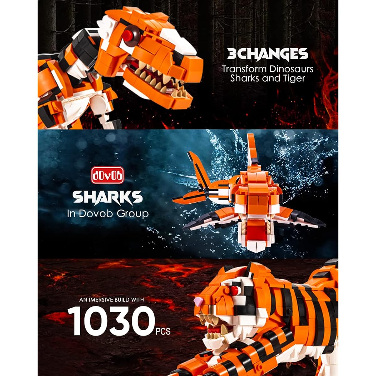 dOvOb Mini Blocks 3-in-1 Tiger or Tyrannosaurus Dinosaur or Shark Set (1030 Pieces) Great Idea for Kids, Boys and Girls