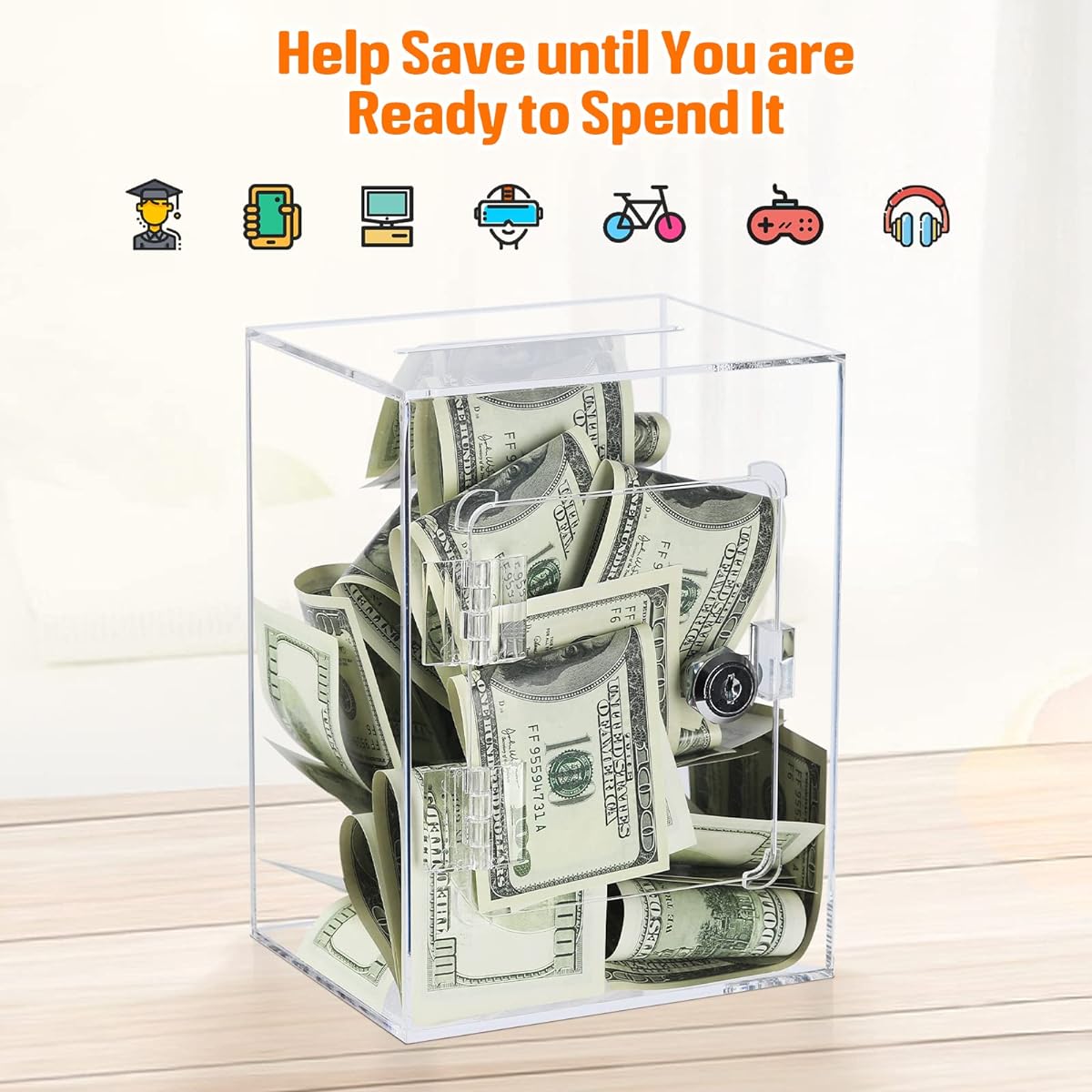 Clear Piggy Bank for Adults and Kids, Acrylic Money Box for Boys and Girls, Piggy Bank, Save Cash, with Lock