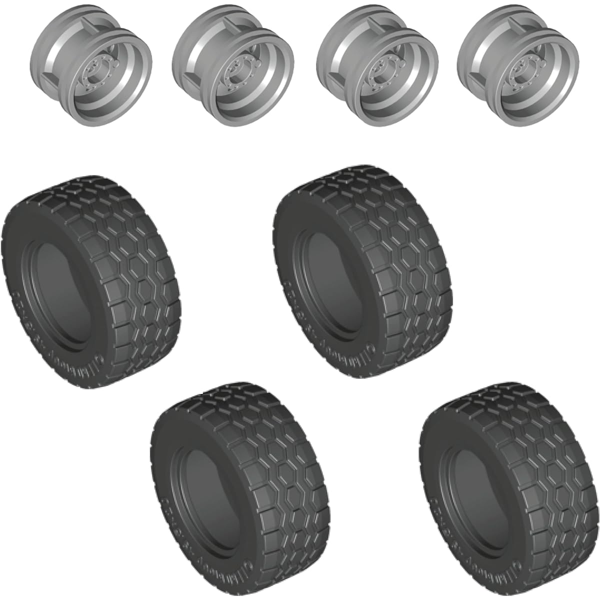 LEGO Black Tires (x4) Light Blue Tone Gray Wheels x 20mm (x4)