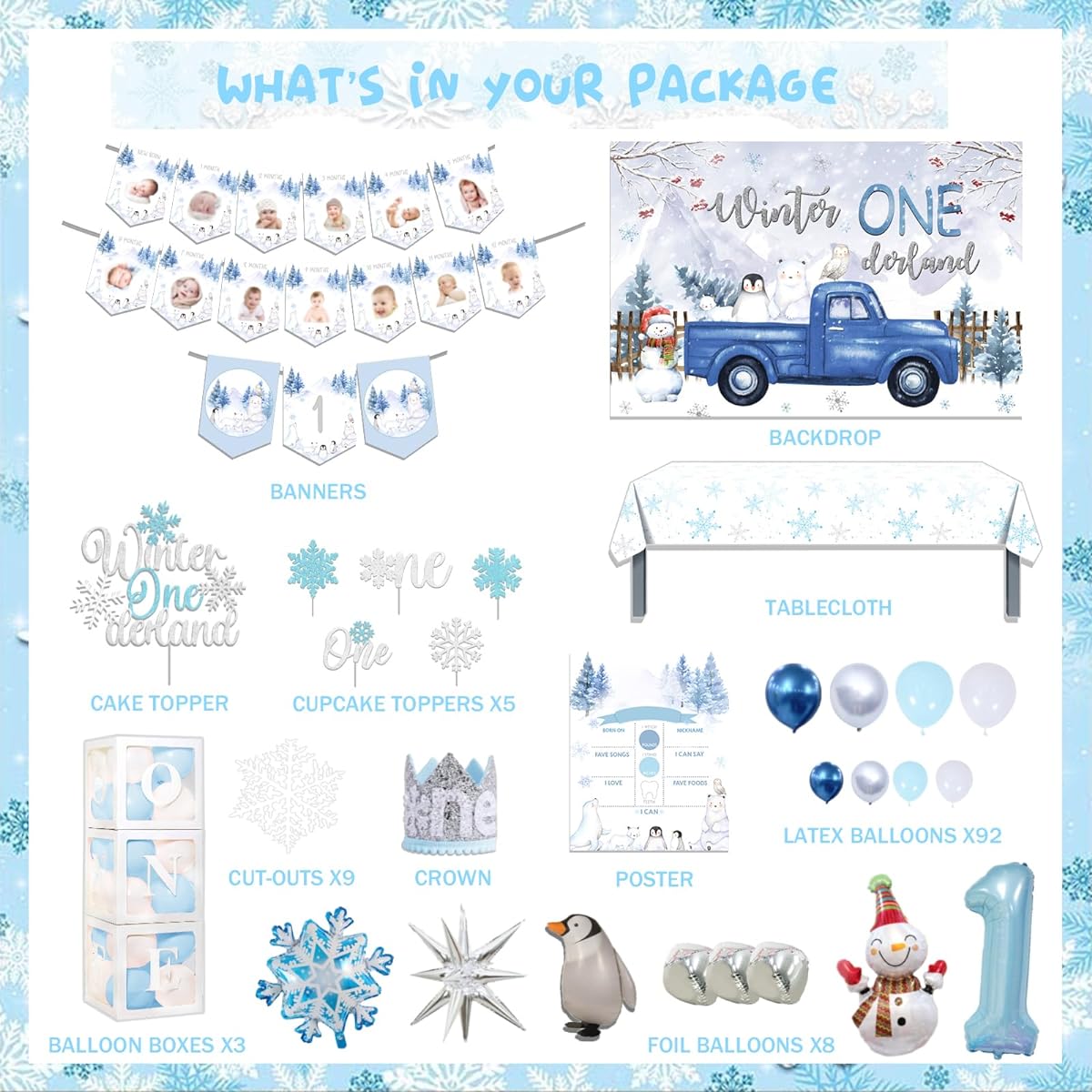 Hombae 1st Birthday Boy Decorations 131 Pieces Winter Wonder Frozen First Party Background Balloon Garland Monthly Photo High Chair Banner Table Cloth Cake Cupcake Topper Box Cut Out Crown Poster Blue
