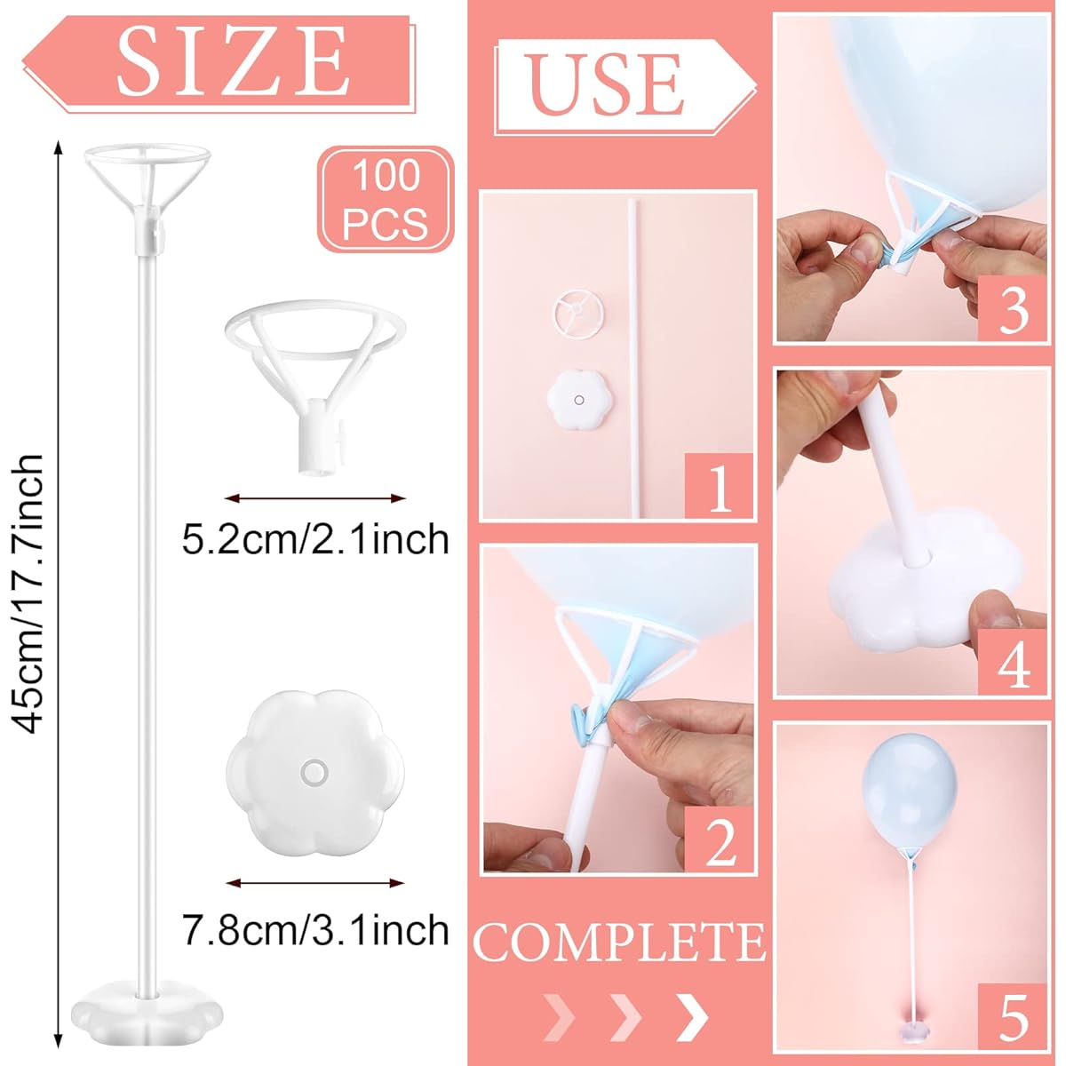 100 Sets Balloon Stand for Table 17 Inch Balloon Stick with Base Balloon Centerpiece for Table Reusable White Plastic Column for Birthday Baby Shower Wedding Party
